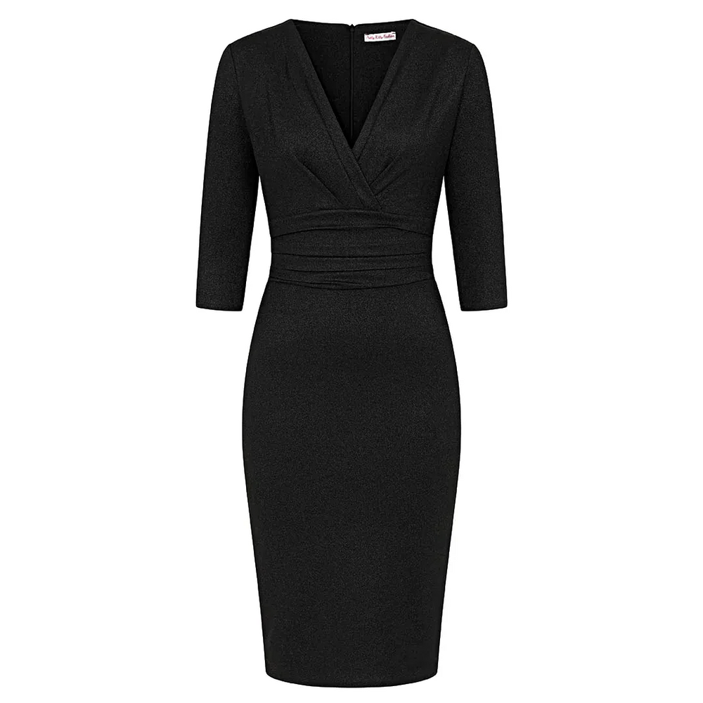 Black Deep V 3/4 Sleeve Bodycon Ruched Waist Wiggle Party Dress