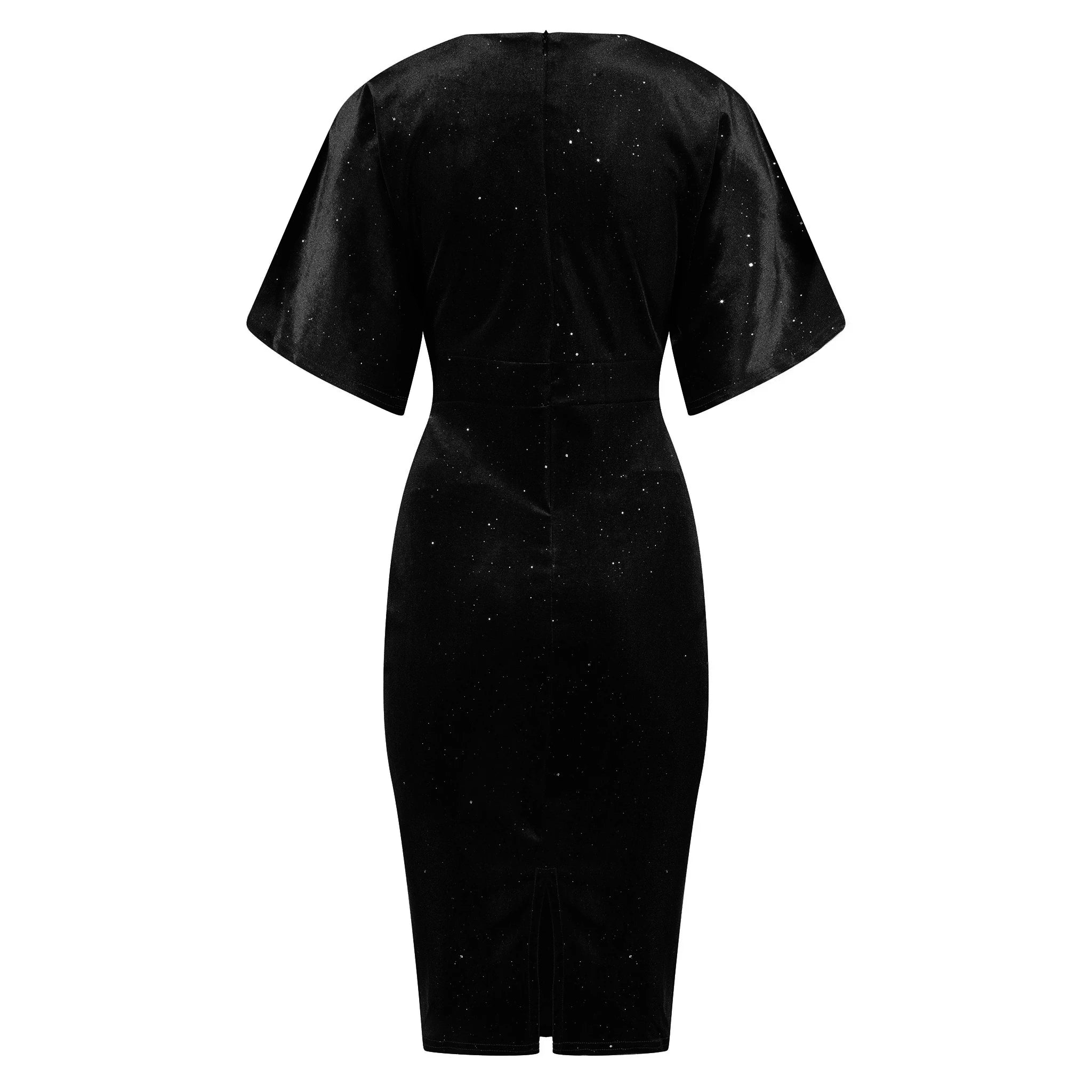 Black Velour Glitter Sparkle Half Batwing Sleeve Crossover Top Wiggle Dress