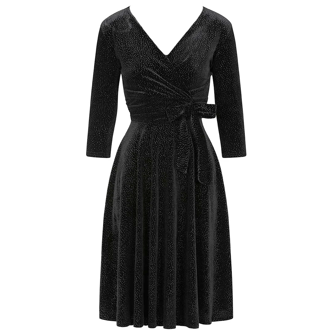 Black Velour Silver Dot 3/4 Sleeve Crossover Top Party Dress