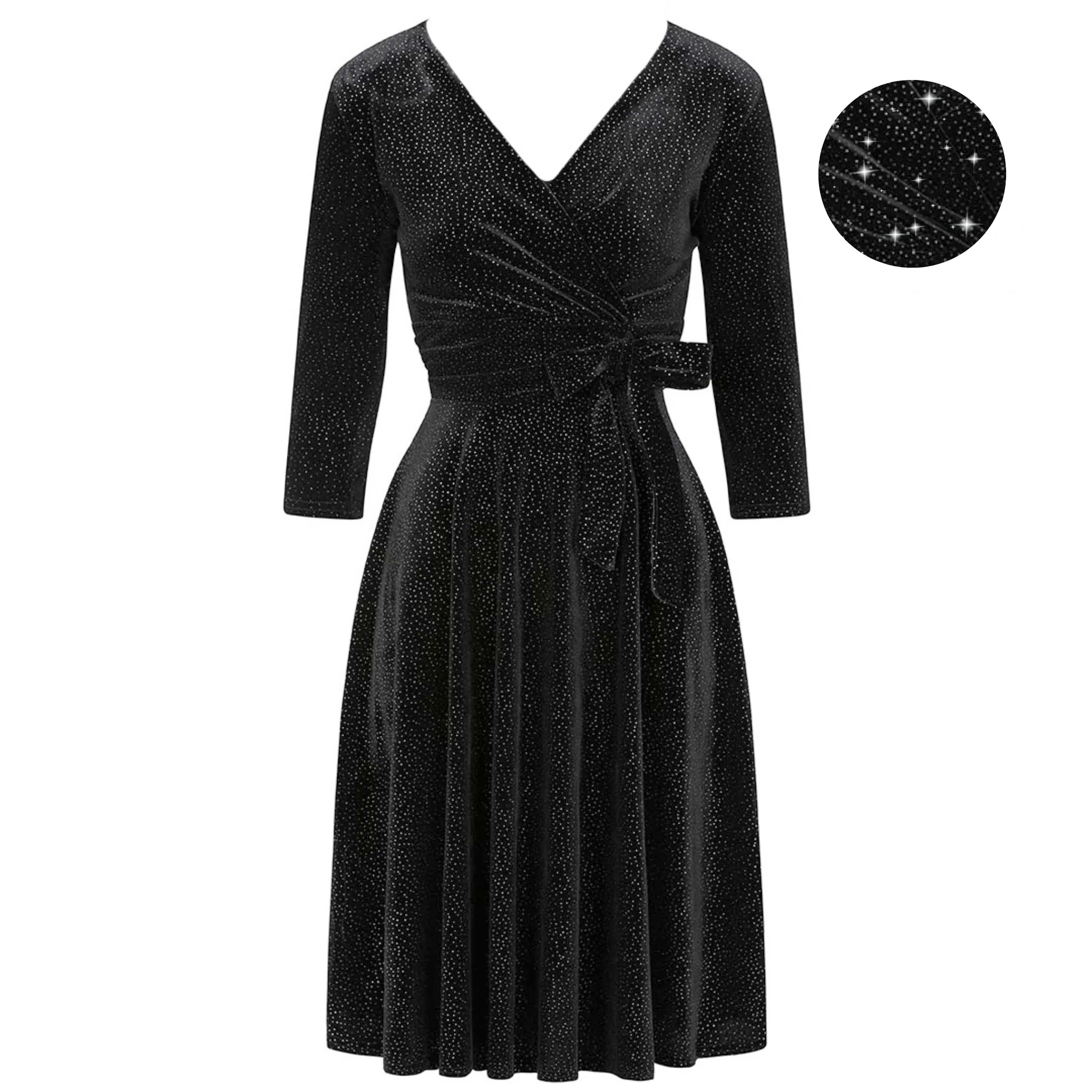 Black Velour Silver Dot 3/4 Sleeve Crossover Top Party Dress Pretty Kitty Fashion Black Velour Silver Dot 3/4 Sleeve Crossover Top Party Dress Pretty Kitty Fashion
