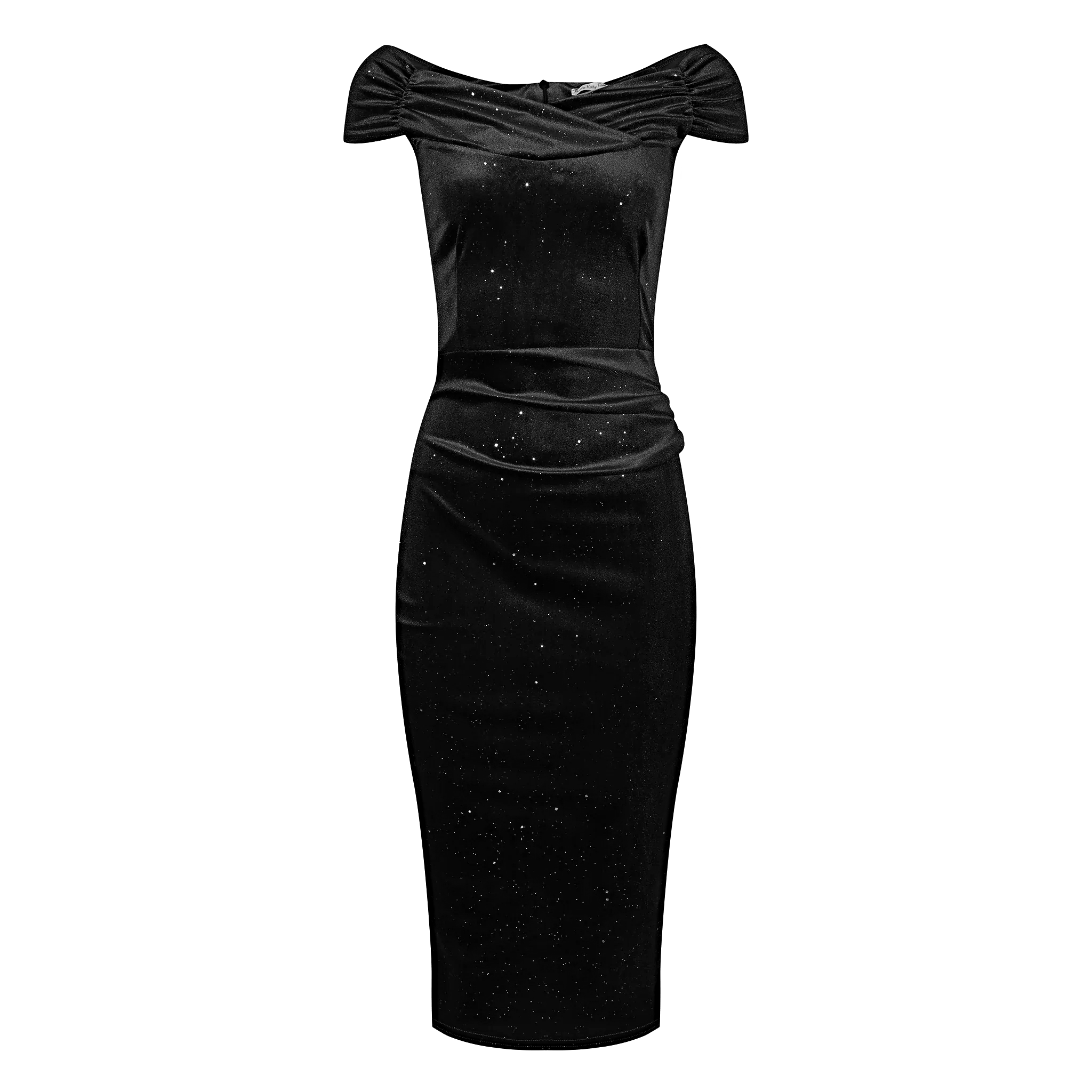 Black Velour Sparkle Cap Sleeve Crossover Top Bardot Wiggle Dress