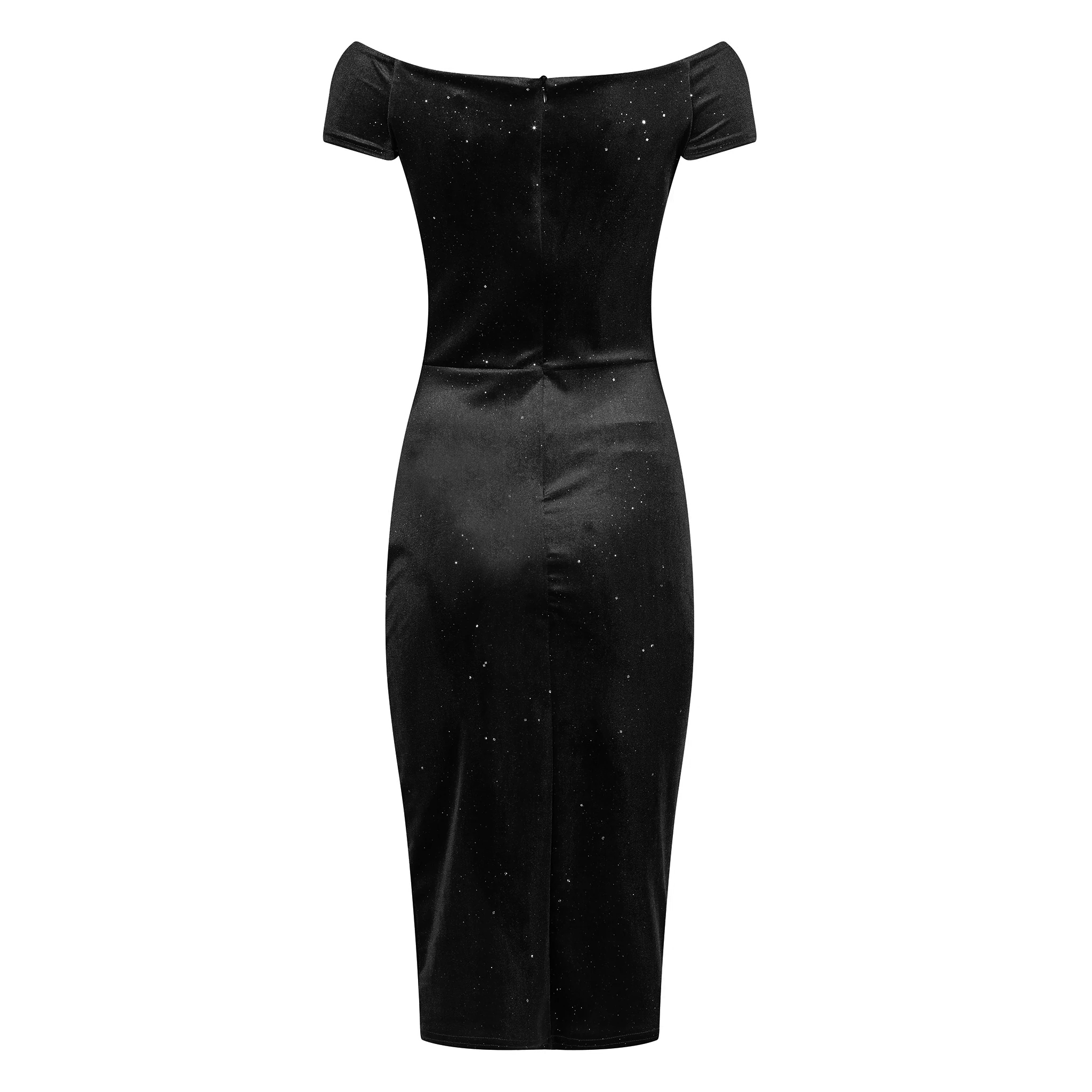 Black Velour Sparkle Cap Sleeve Crossover Top Bardot Wiggle Dress