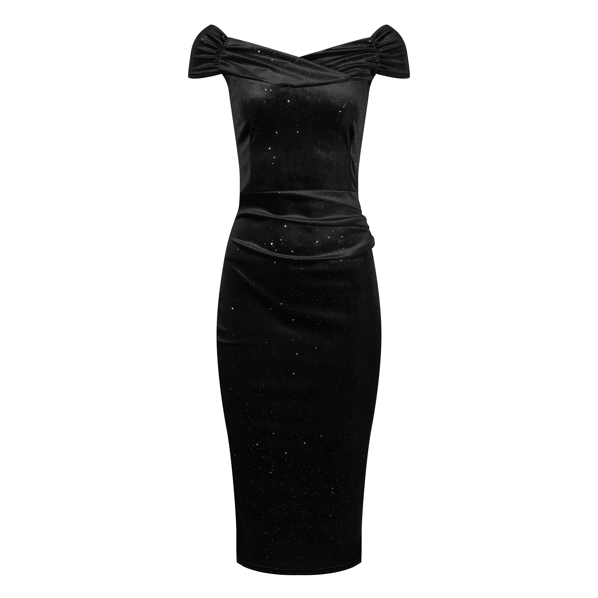 Black Velour Sparkle Cap Sleeve Crossover Top Bardot Wiggle Dress