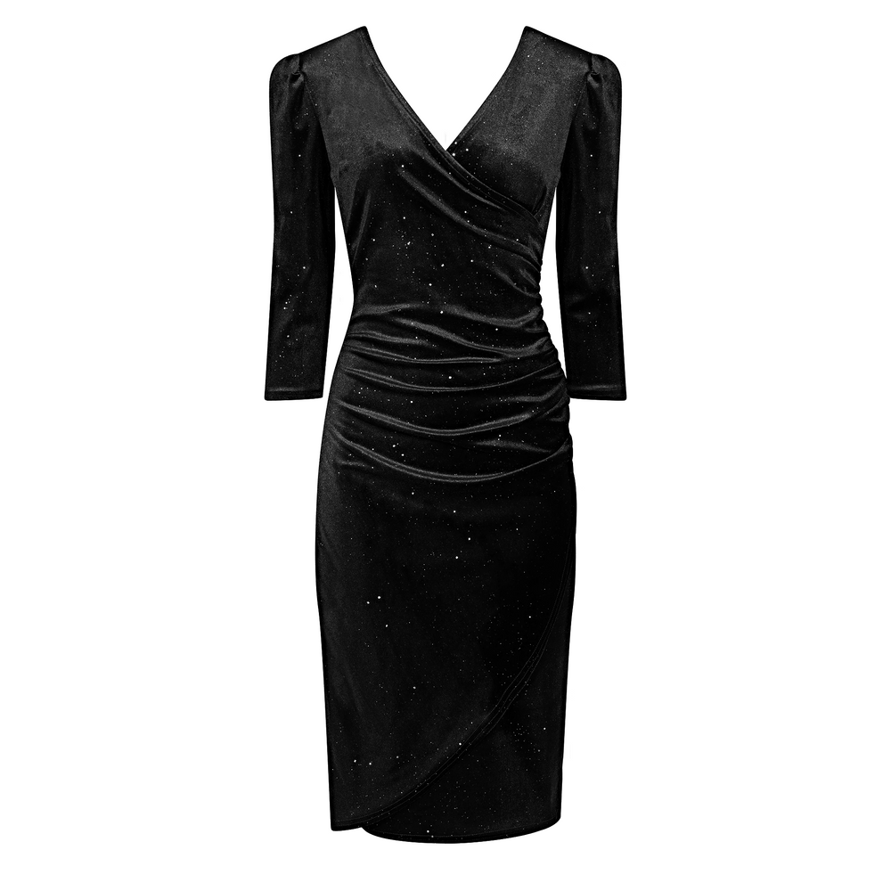 Black Velour Sparkle Wrapover 3/4 Sleeve Midi Dress