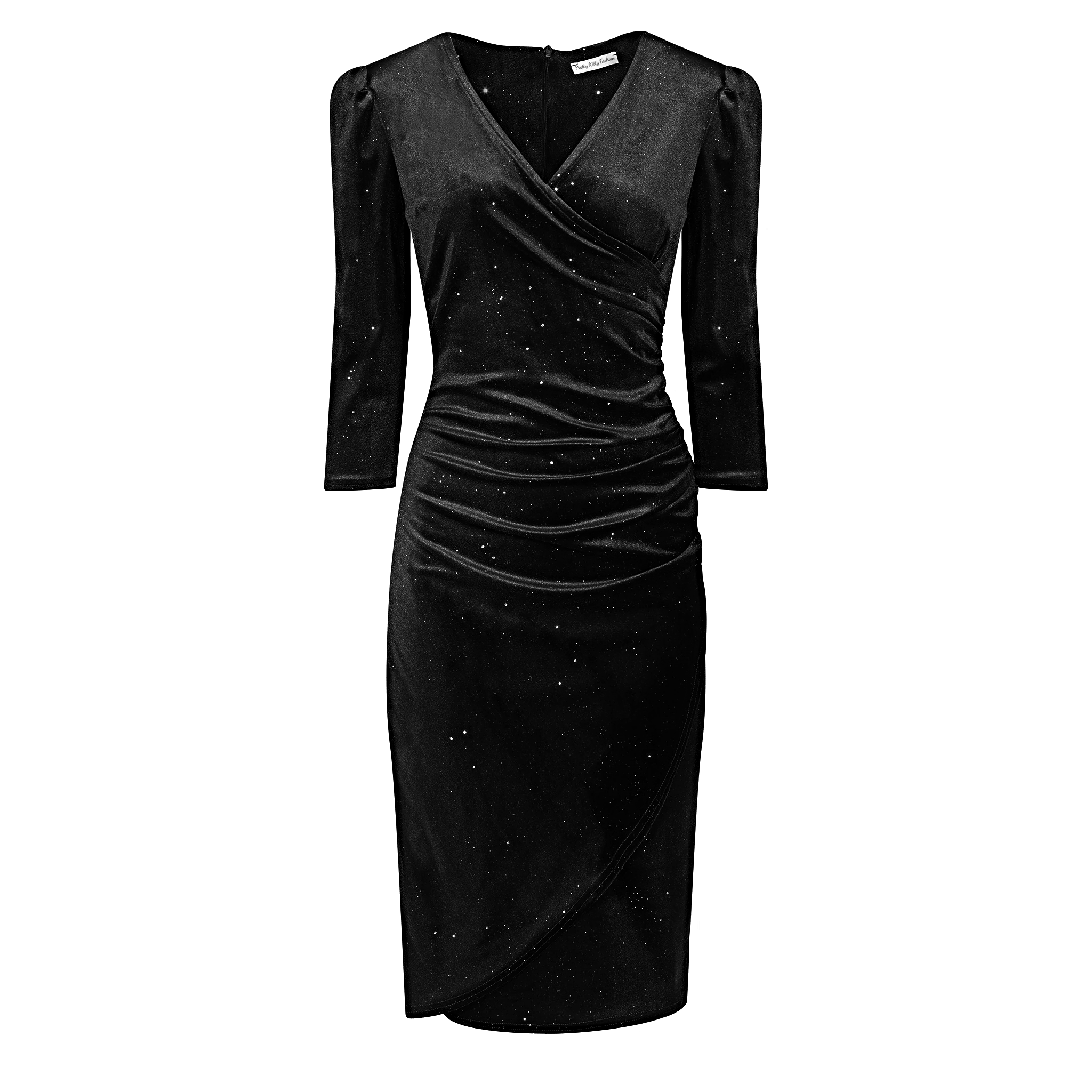 Black Velour Sparkle Wrapover 3/4 Sleeve Midi Dress