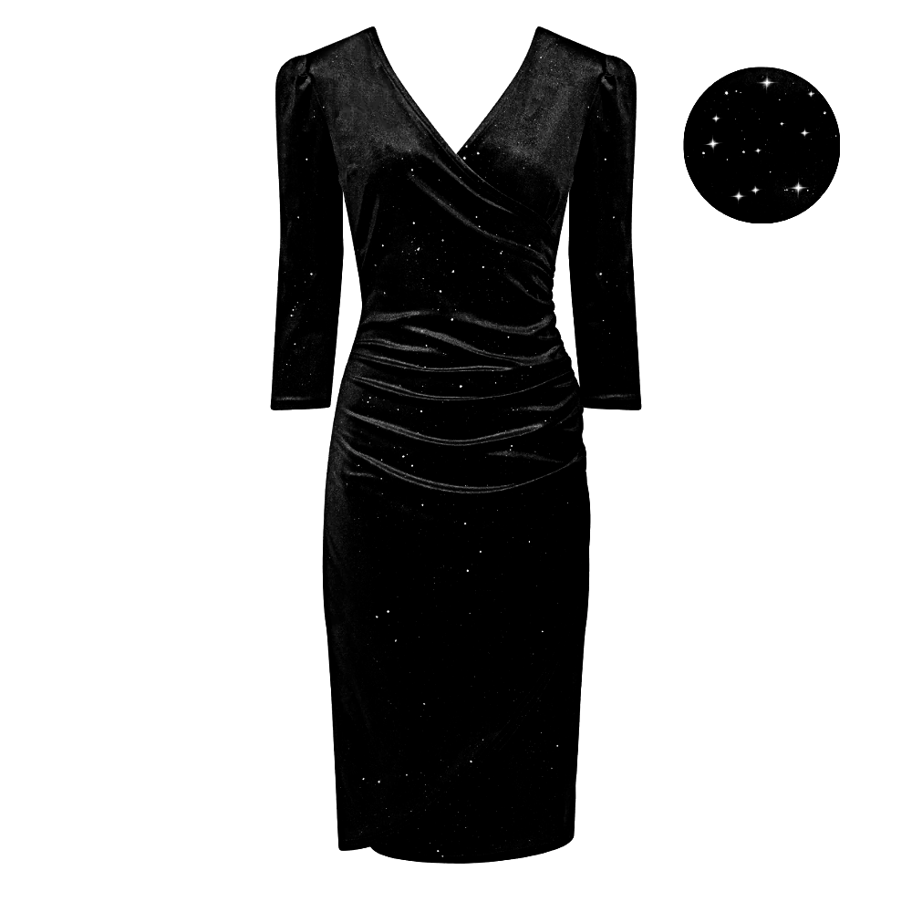 Black Velour Sparkle Wrapover 3/4 Sleeve Midi Dress