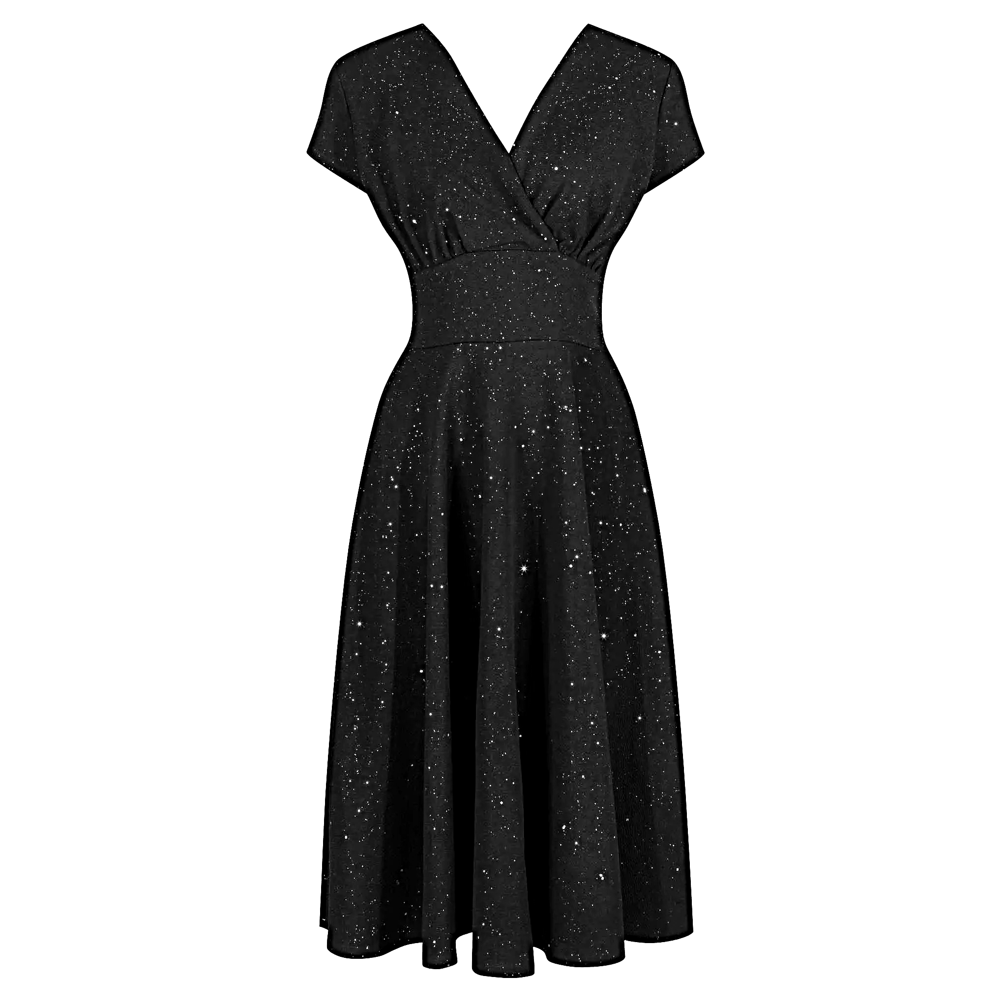 Black Velour Sparkly Glitter A Line Crossover Top Capped Sleeve Party Dress