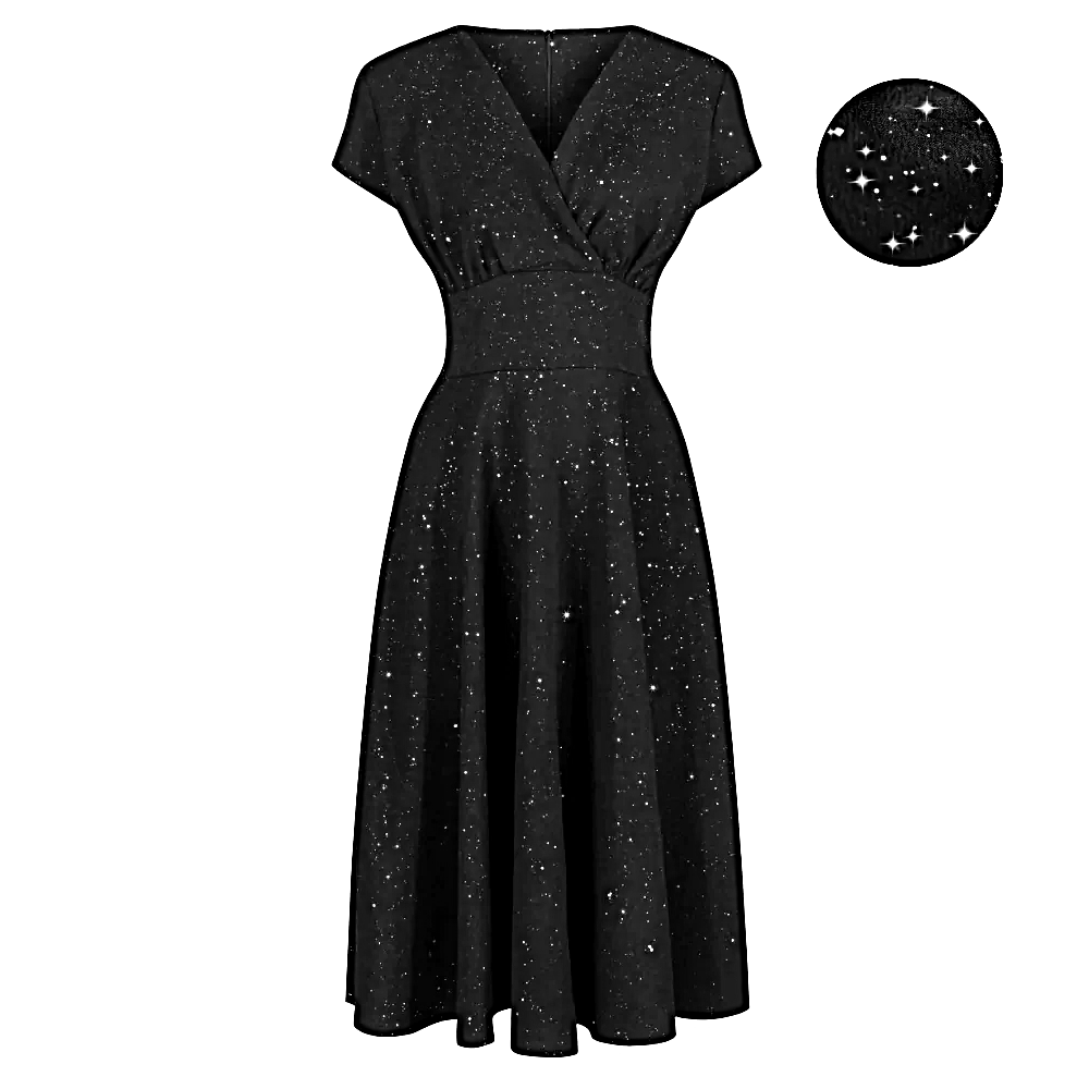 Black Velour Sparkly Glitter A Line Crossover Top Capped Sleeve Party Dress