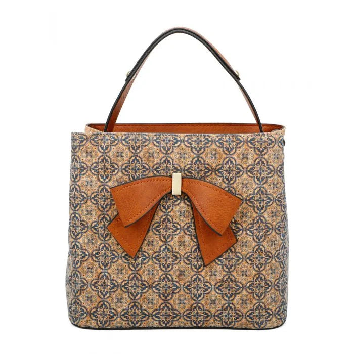 Large Blue Tile Printed Handbag with Faux Leather Bow  and Handle