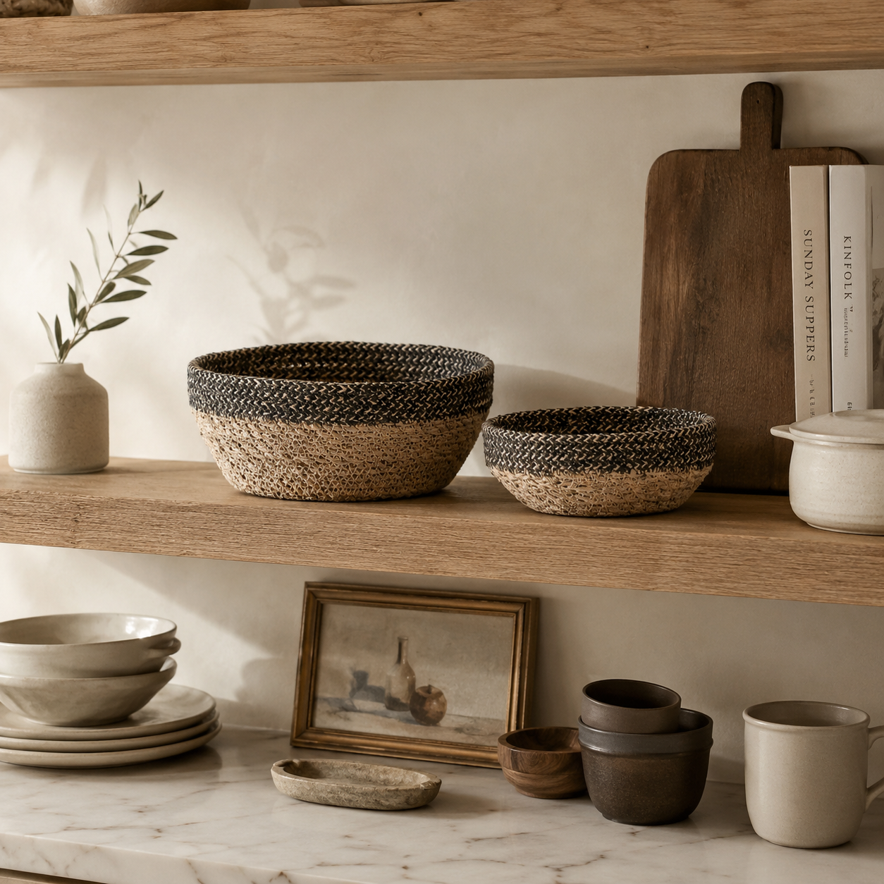 Set of Two Natural & Black Woven Seagrass Baskets
