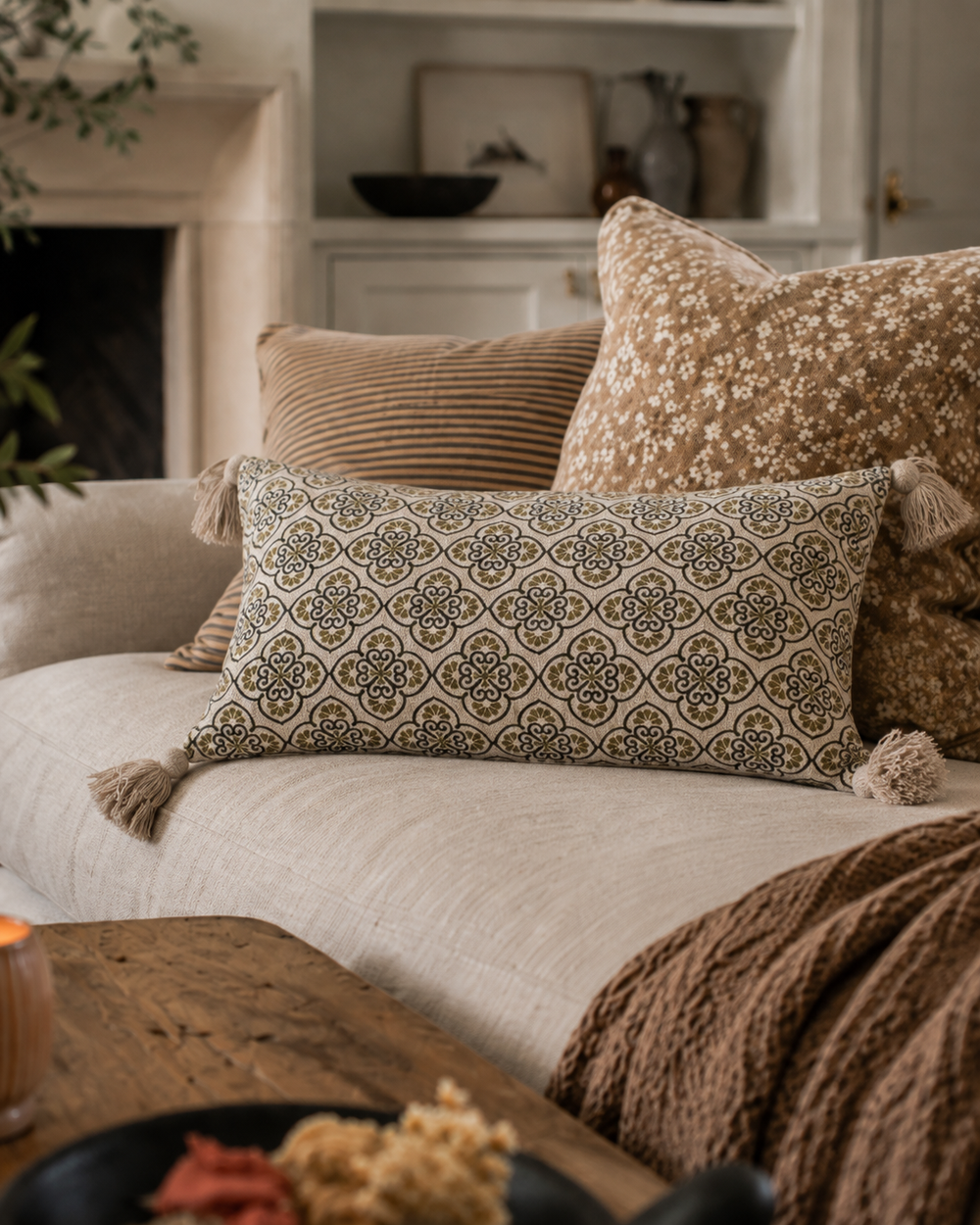Olive & Cream Patterned Tassel Cushion