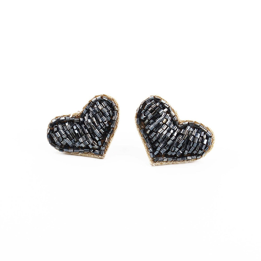 Black Beaded Heart Stud Earrings