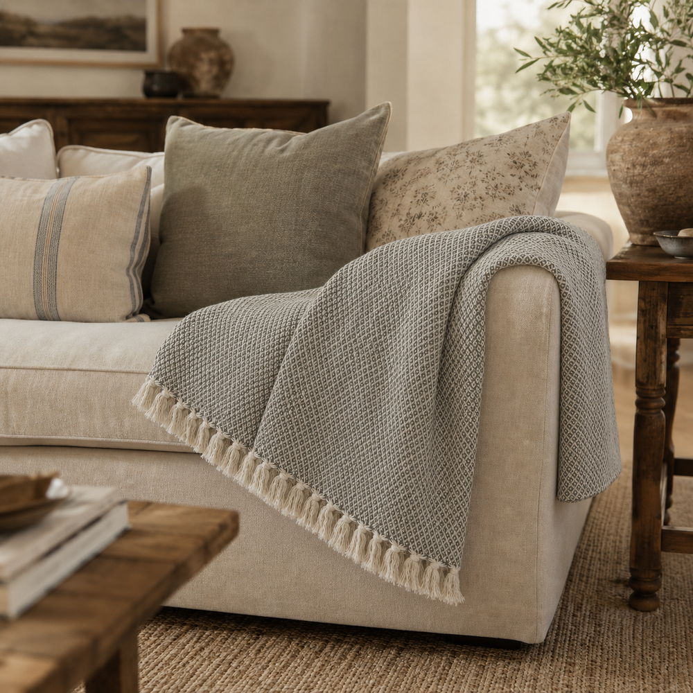 Cream & Light Brown Diamond Cotton Throw