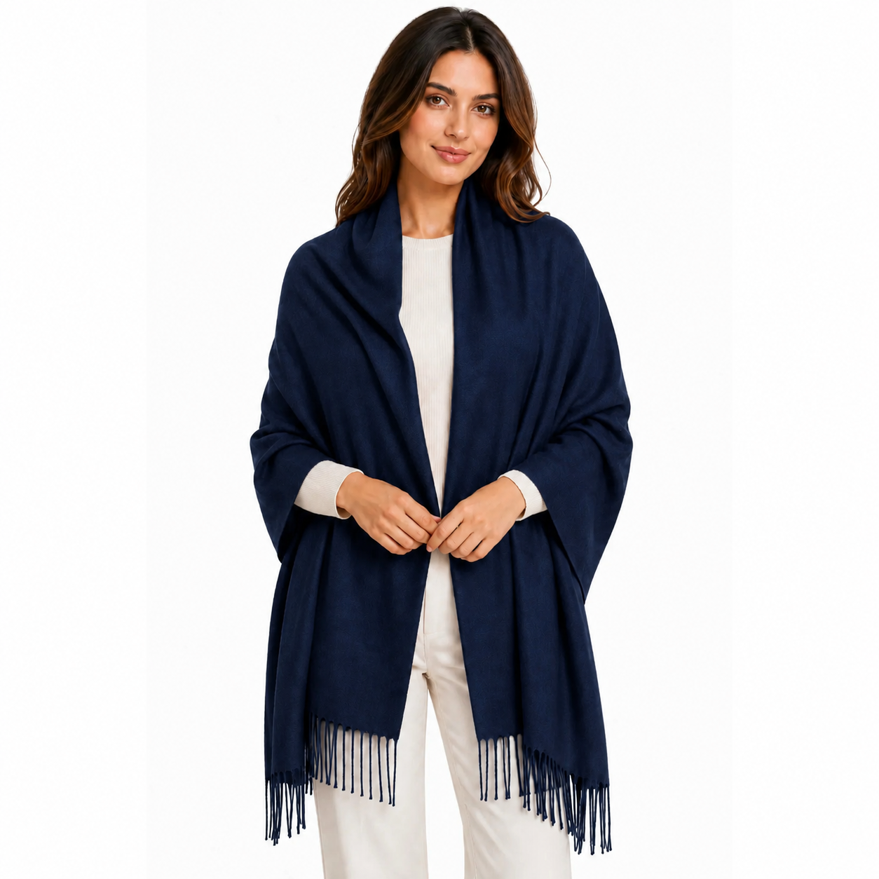 Navy Fringe Edged Pashmina Shawl