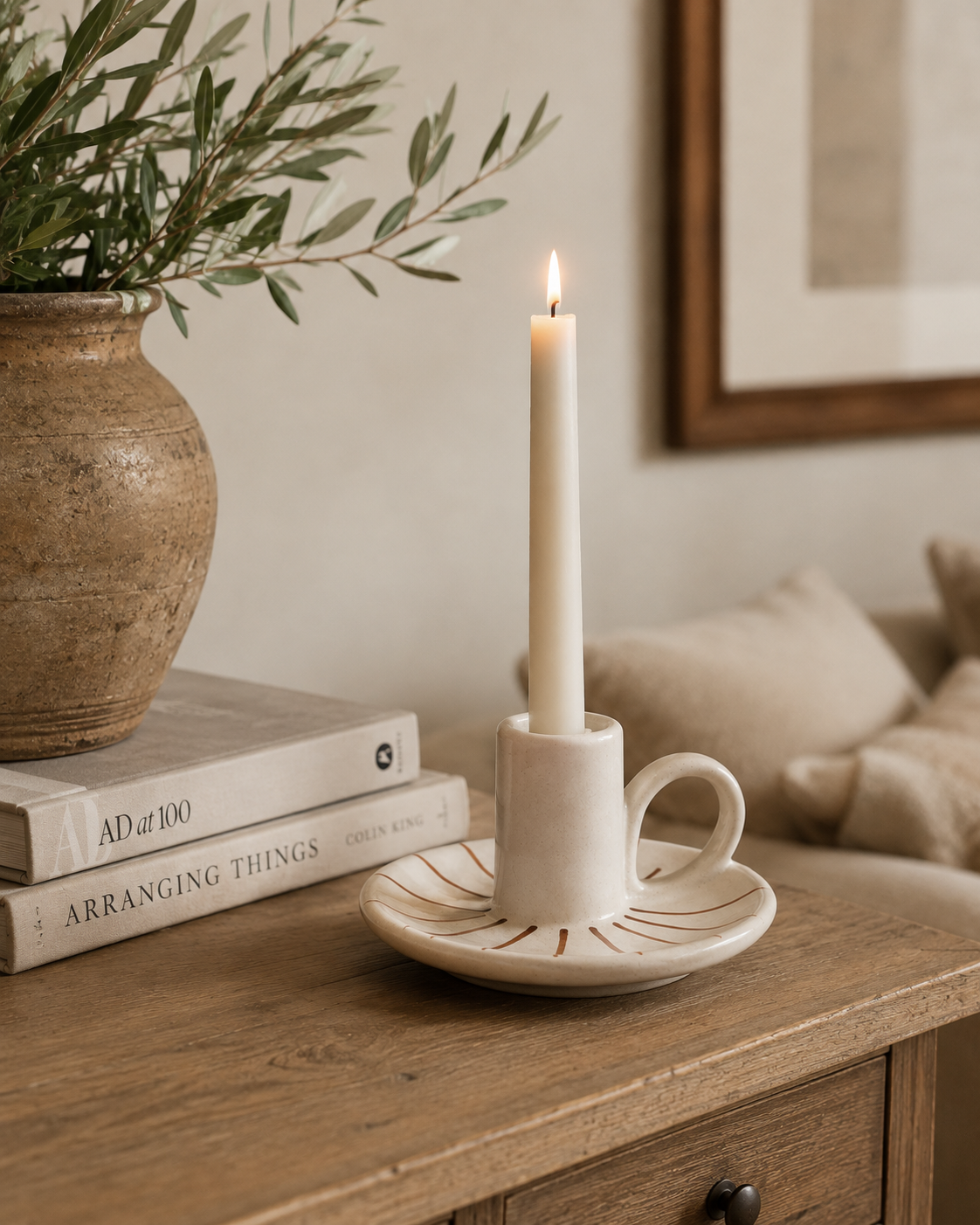 Hand-Painted Stoneware Candle Holder