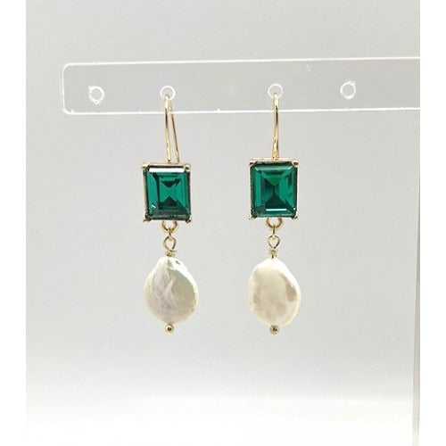 Pearl Drop Earrings With Green Glass Stone