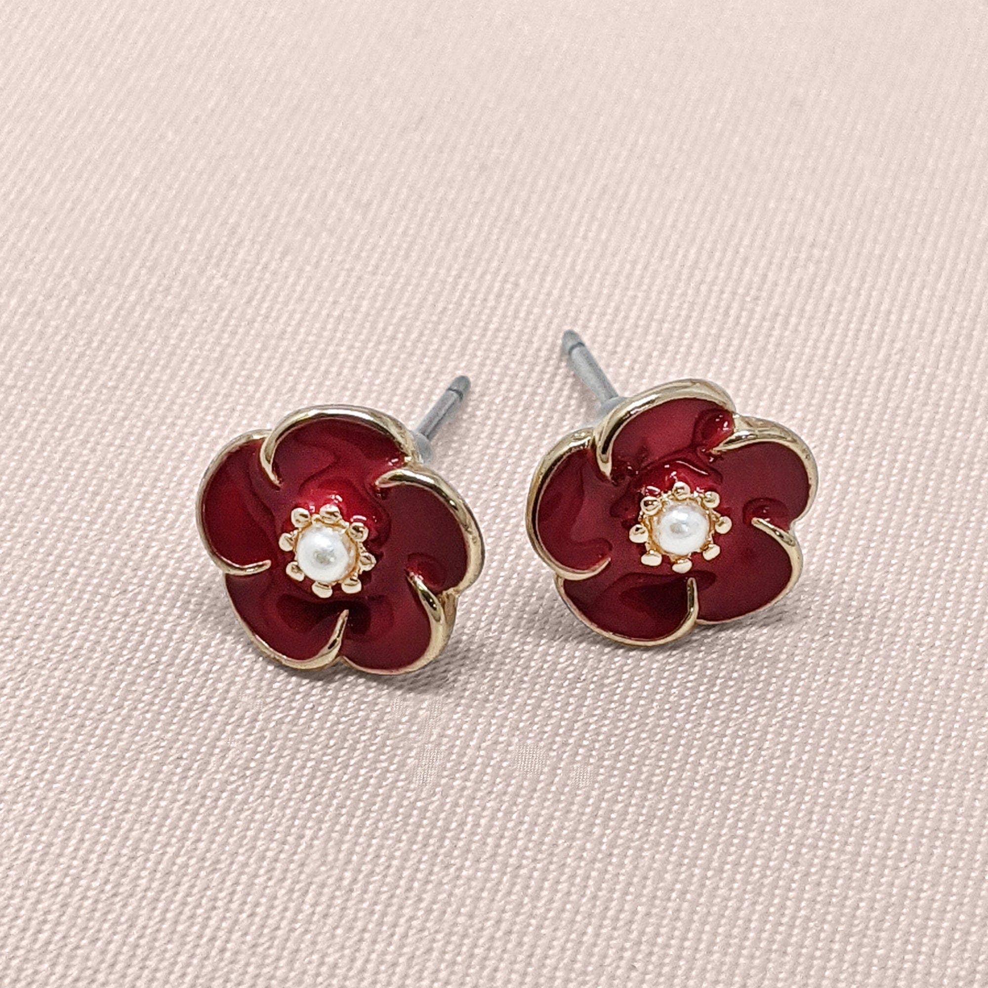 1950s Style Red Rose & Pearl Earrings Studs - Pretty Kitty Fashion