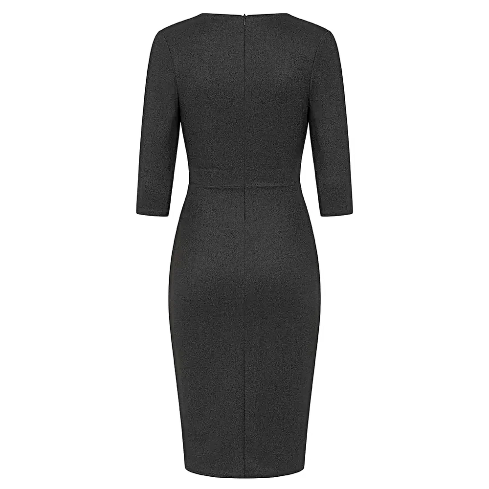 Charcoal Black Silver Sparkle Deep V 3/4 Sleeve Bodycon Ruched Waist Wiggle Party Dress