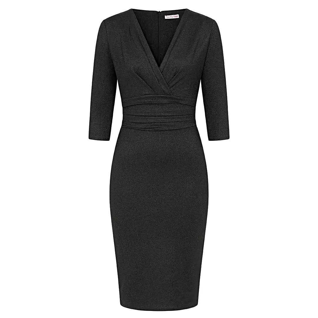 Charcoal Black Silver Sparkle Deep V 3/4 Sleeve Bodycon Ruched Waist Wiggle Party Dress