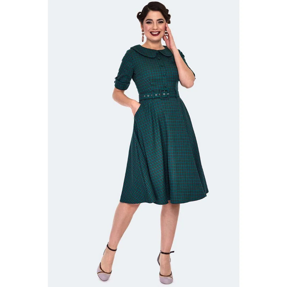 Green Check Peter Pan Collar Tartan Midi Shirt Dress