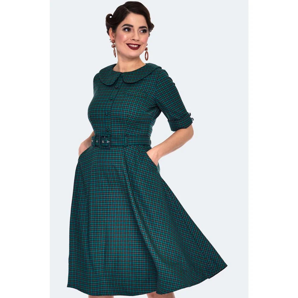 Green Check Peter Pan Collar Tartan Midi Shirt Dress