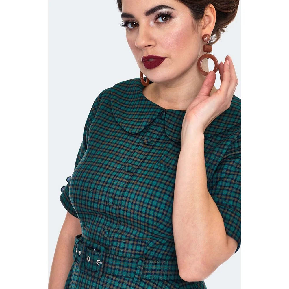 Green Check Peter Pan Collar Tartan Midi Shirt Dress