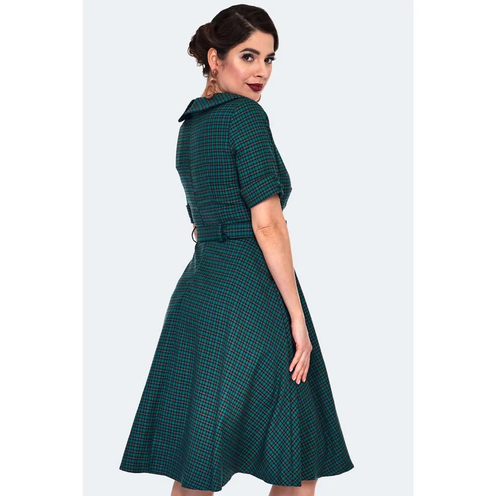 Green Check Peter Pan Collar Tartan Midi Shirt Dress