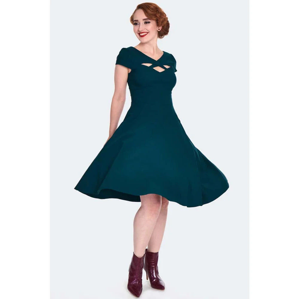 Dark Teal Green Criss Cross Vintage Flare Dress