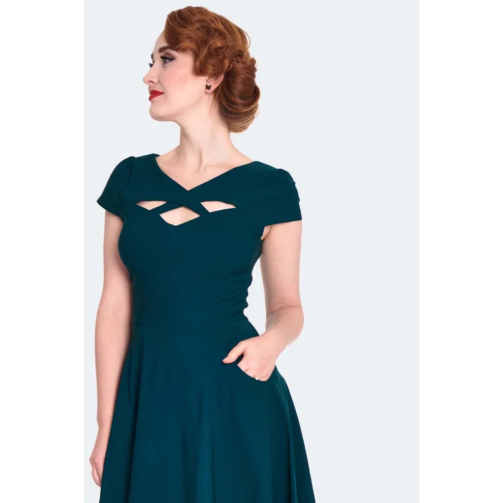 Dark Teal Green Criss Cross Vintage Flare Dress