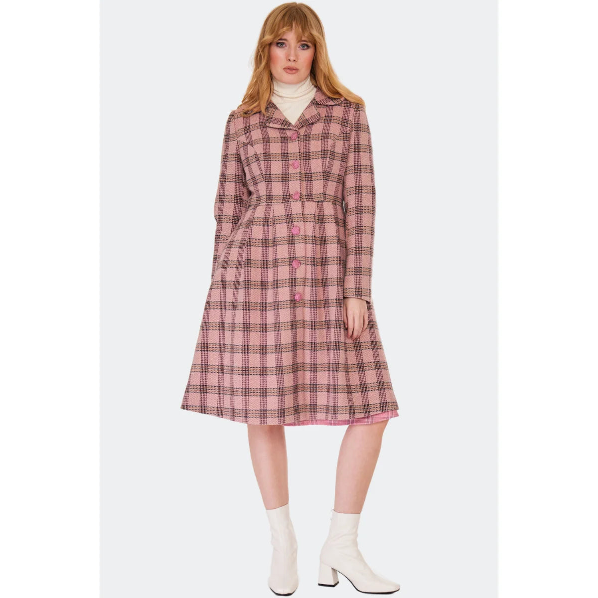 1960s Inspired Poly Wool Pink Check Print Winter Coat