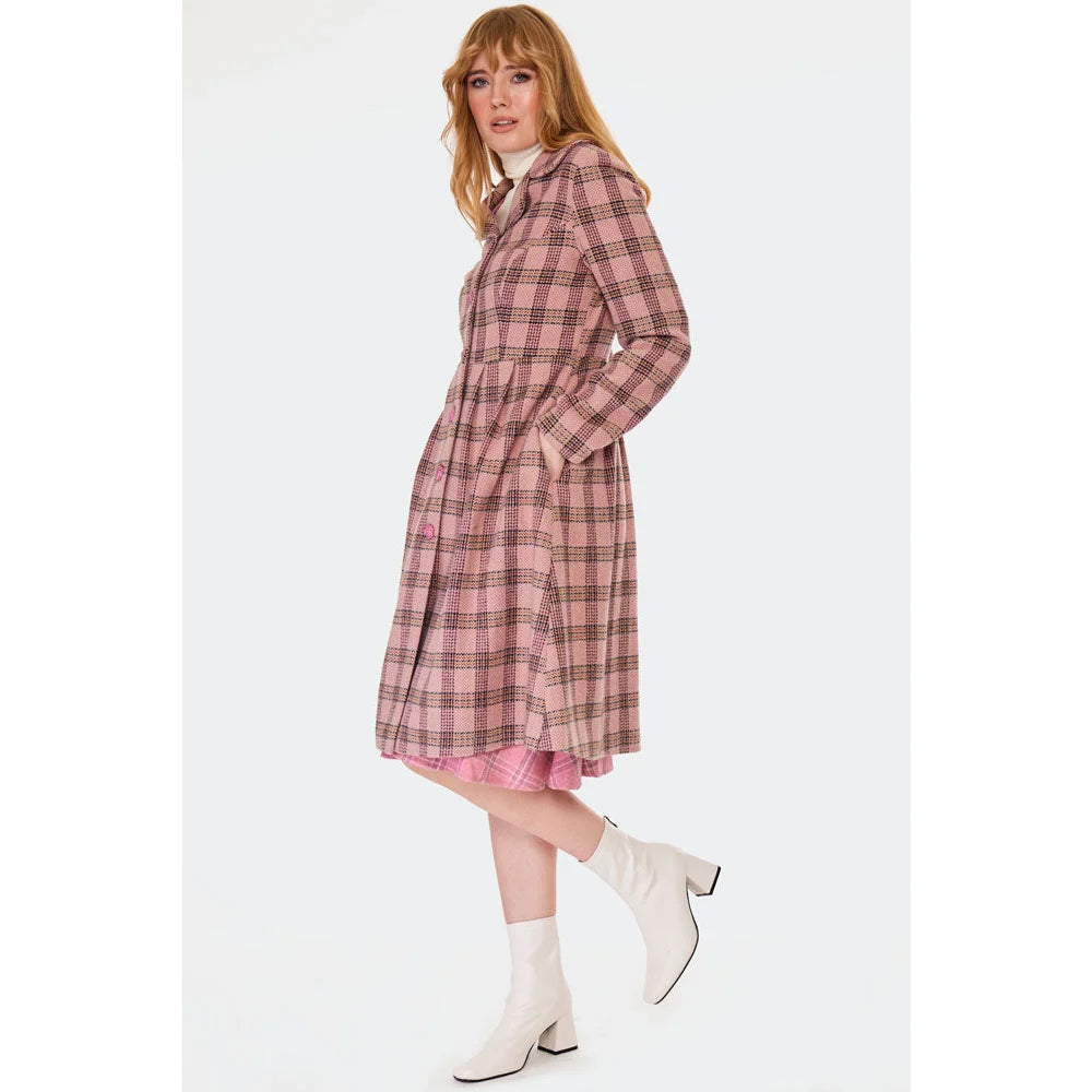 1960s Inspired Poly Wool Pink Check Print Winter Coat