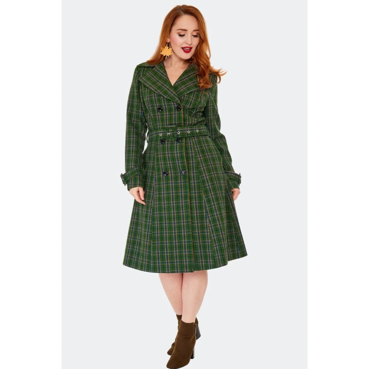 Green Double Breasted Vintage Check Print Winter Coat