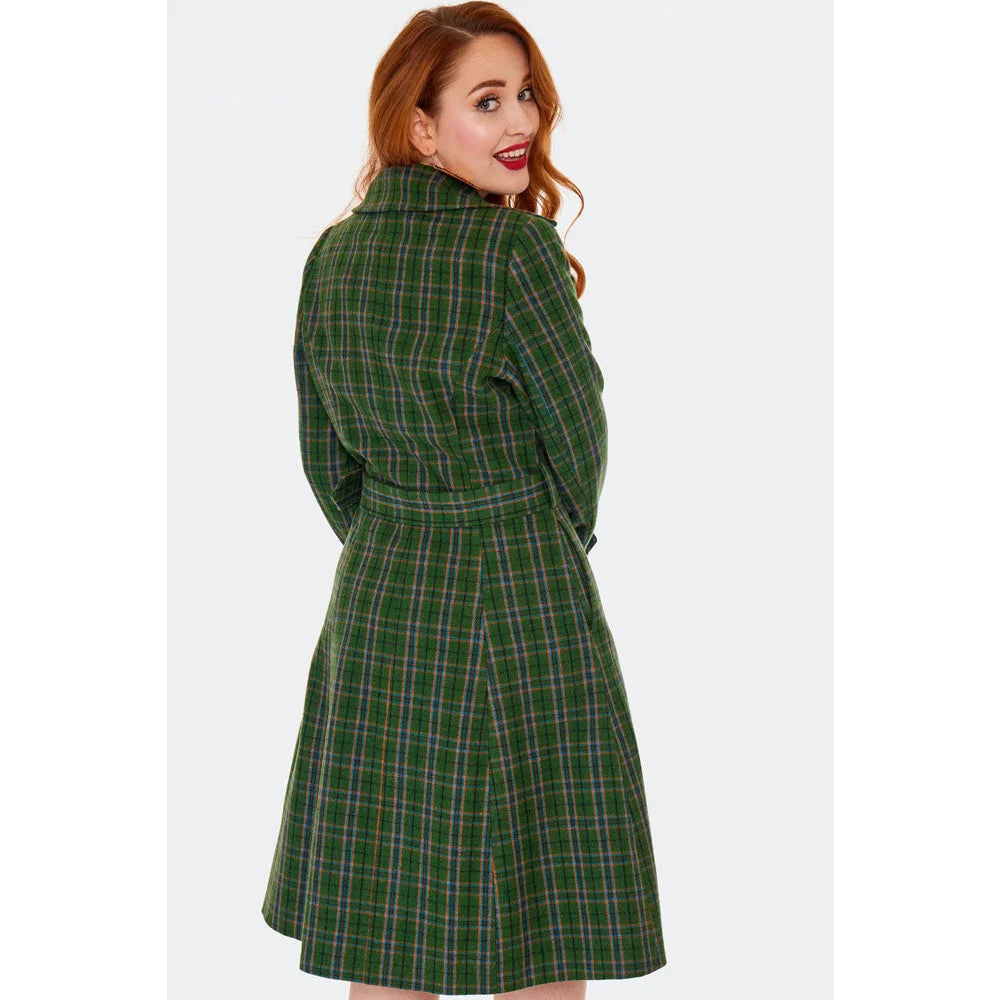 Green Double Breasted Vintage Check Print Winter Coat