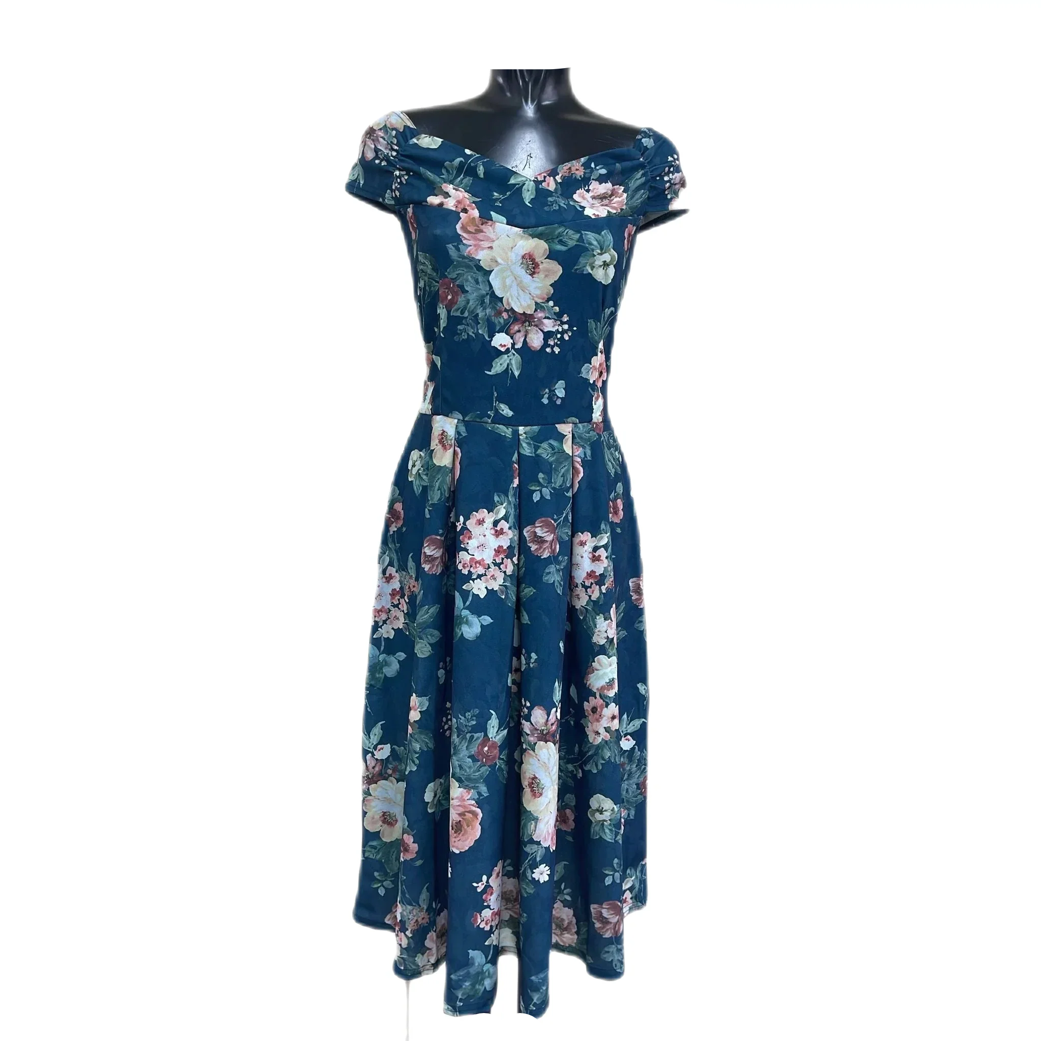 Deep Petrol Blue Pink Floral Print Crossover Bardot 50s Swing Dress