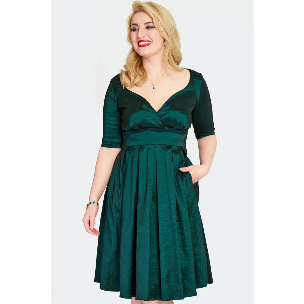 Green Taffeta Sweetheart Neck Flare Party Dress