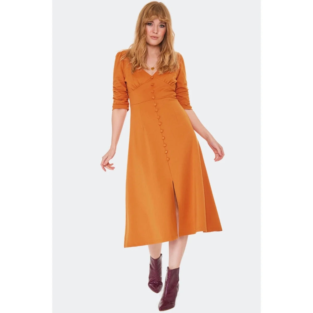 Orange Retro Button Front Gathered Sleeve Midi Dress