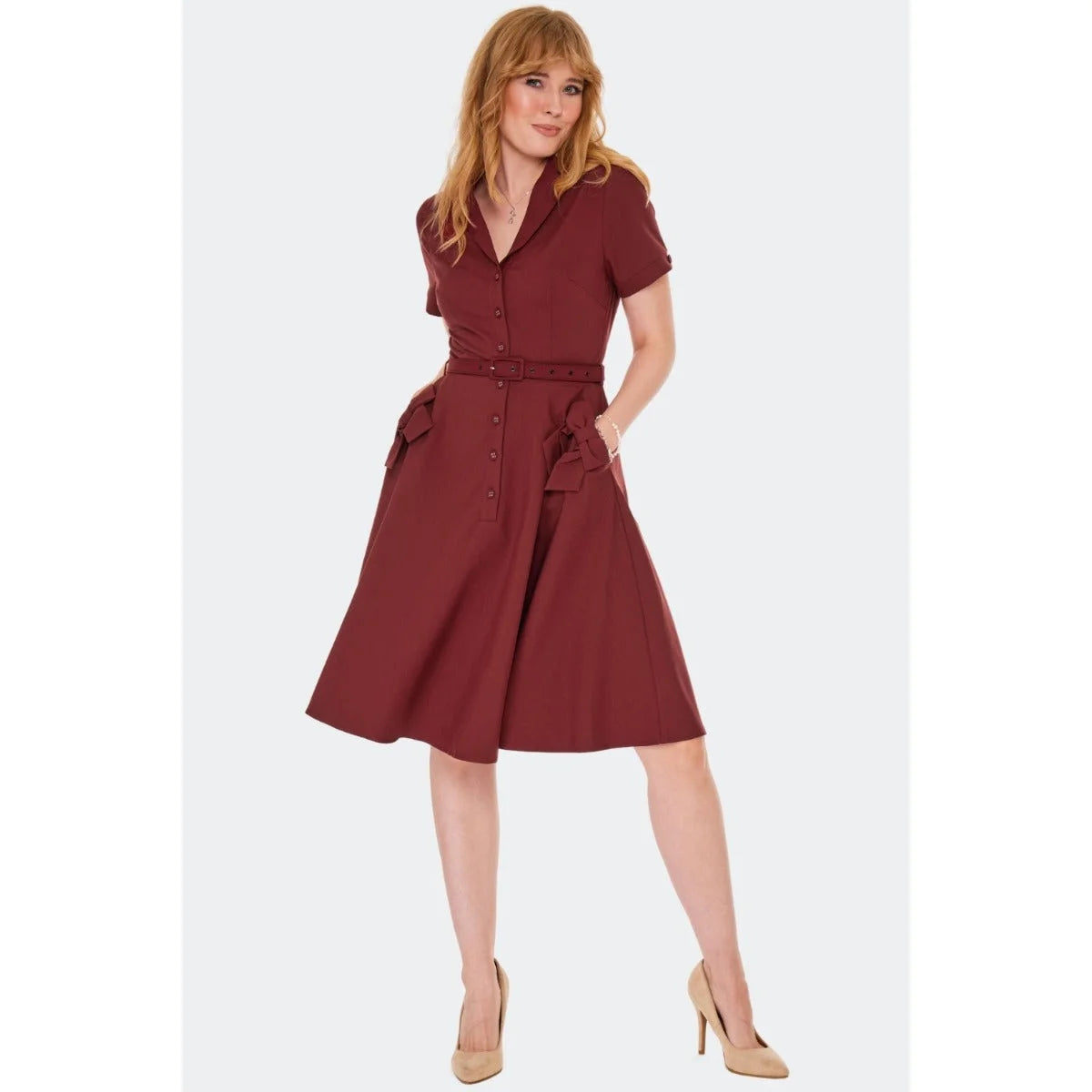 Burgundy Red Button Up Short Sleeve Flare Dress