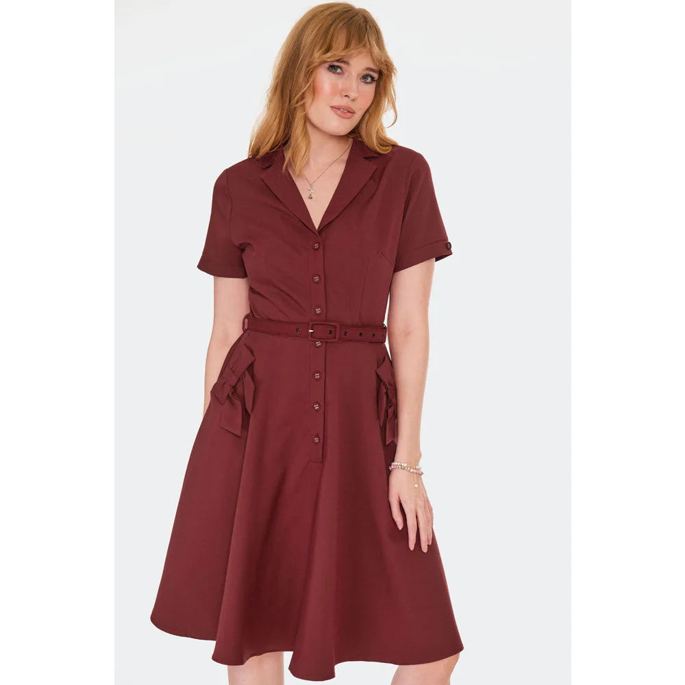 Burgundy Red Button Up Short Sleeve Flare Dress