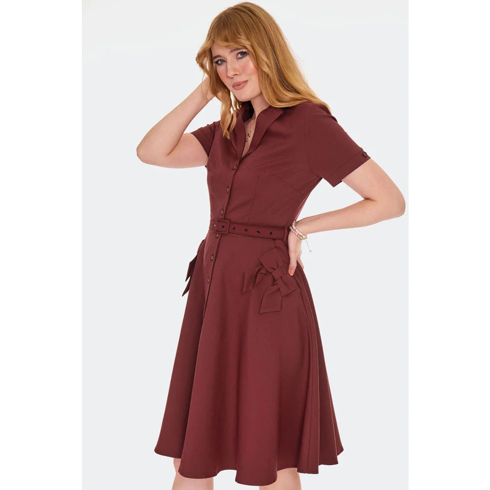 Burgundy Red Button Up Short Sleeve Flare Dress