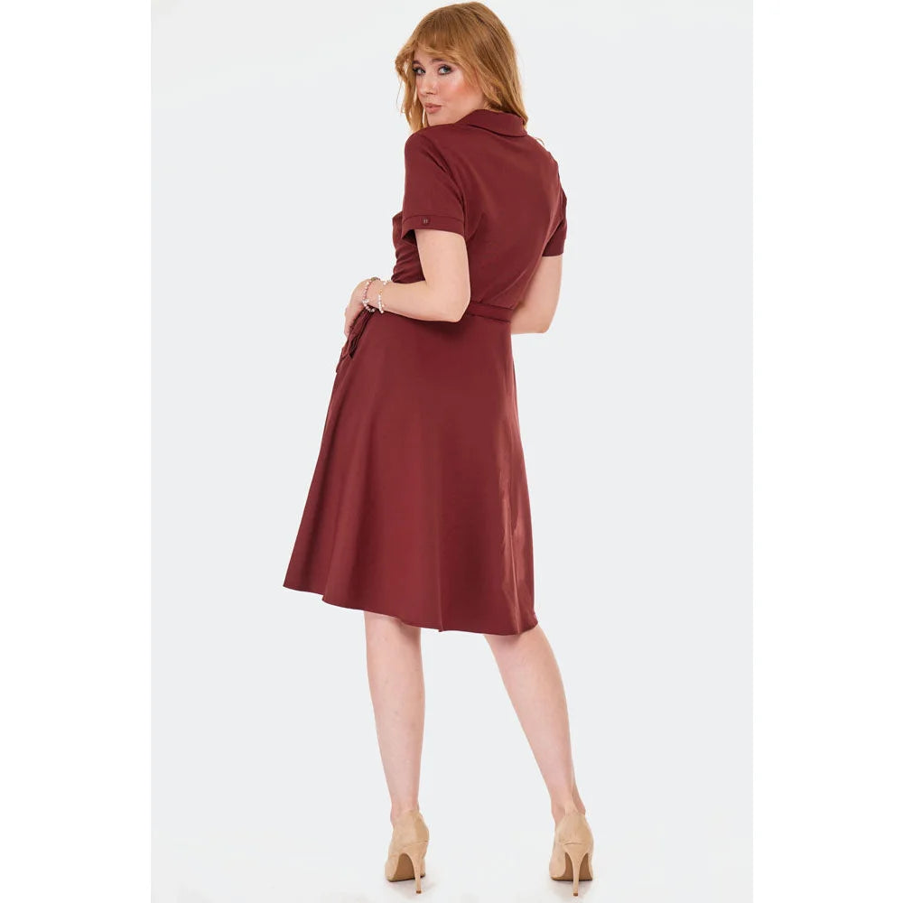 Burgundy Red Button Up Short Sleeve Flare Dress