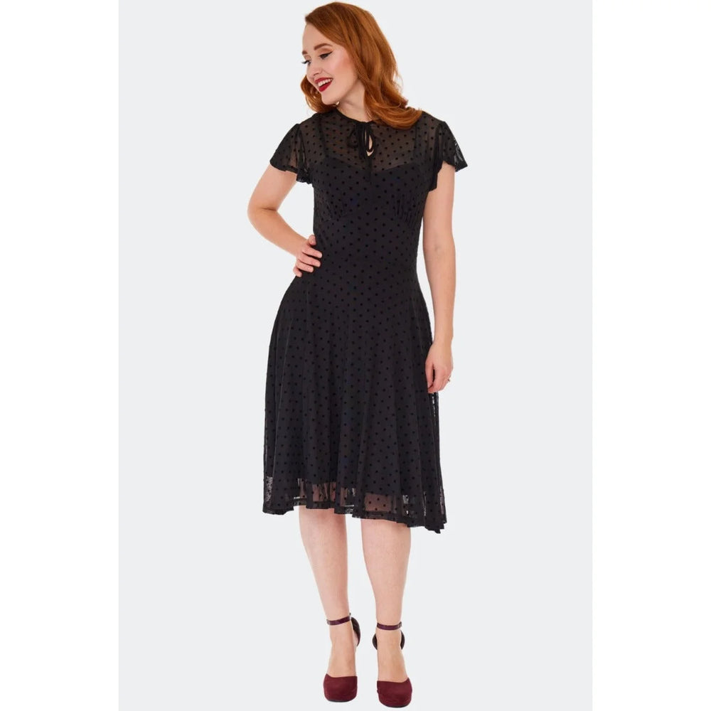 Black Overlay Polka Dot 50s Flare Midi Dress