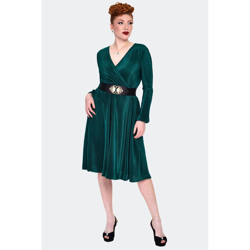 Dark Green Plisse Wrap Midi Flare Dress