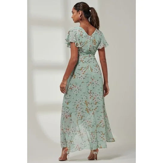 Mint Green Floral Print with White Polka Dot Wrap top Maxi Dress With Angel Sleeves