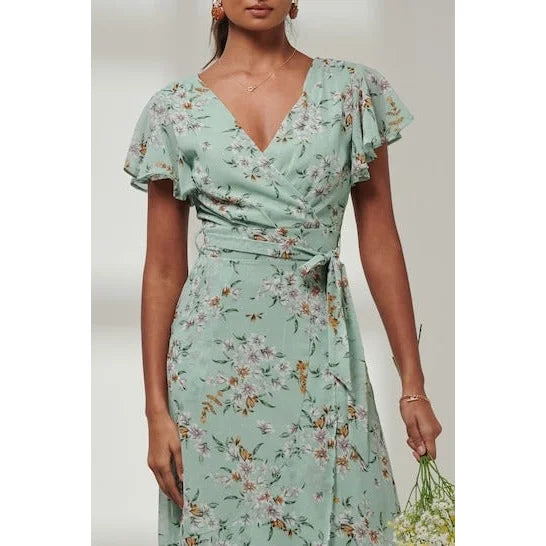 Mint Green Floral Print with White Polka Dot Wrap top Maxi Dress With Pretty Kitty Fashion