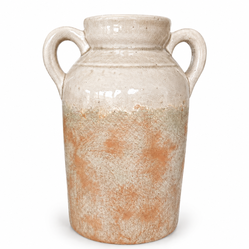 Rustic Twin Handle Ceramic Urn Vase – Weathered Neutral Finish