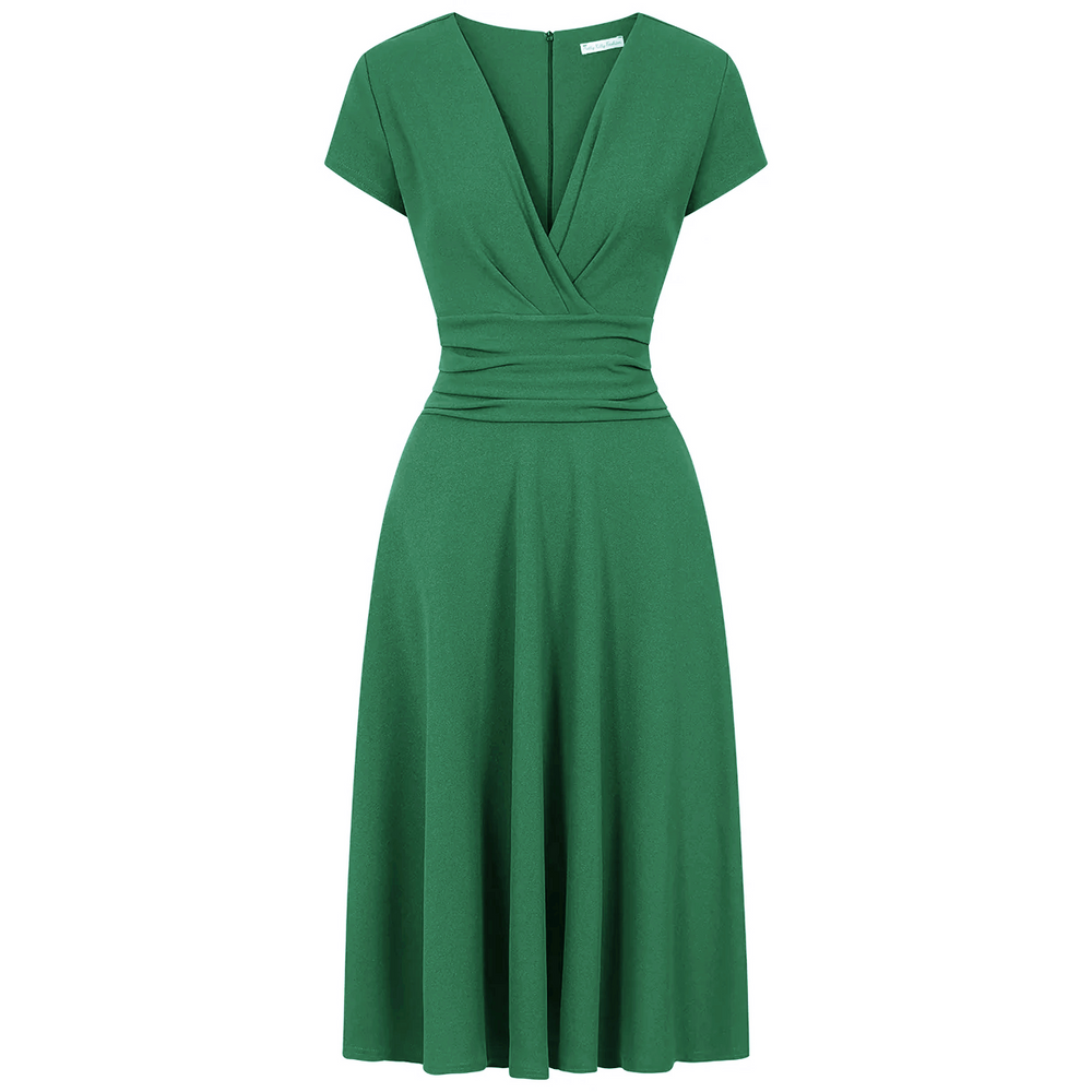 Emerald Green A Line Vintage Crossover Capped Sleeve Tea Swing Bridesmaid Midi Dress