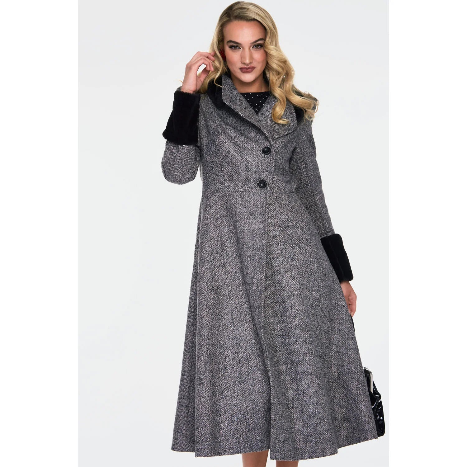 Grey Black Herringbone Check Print Winter Coat With Faux Fur Trim