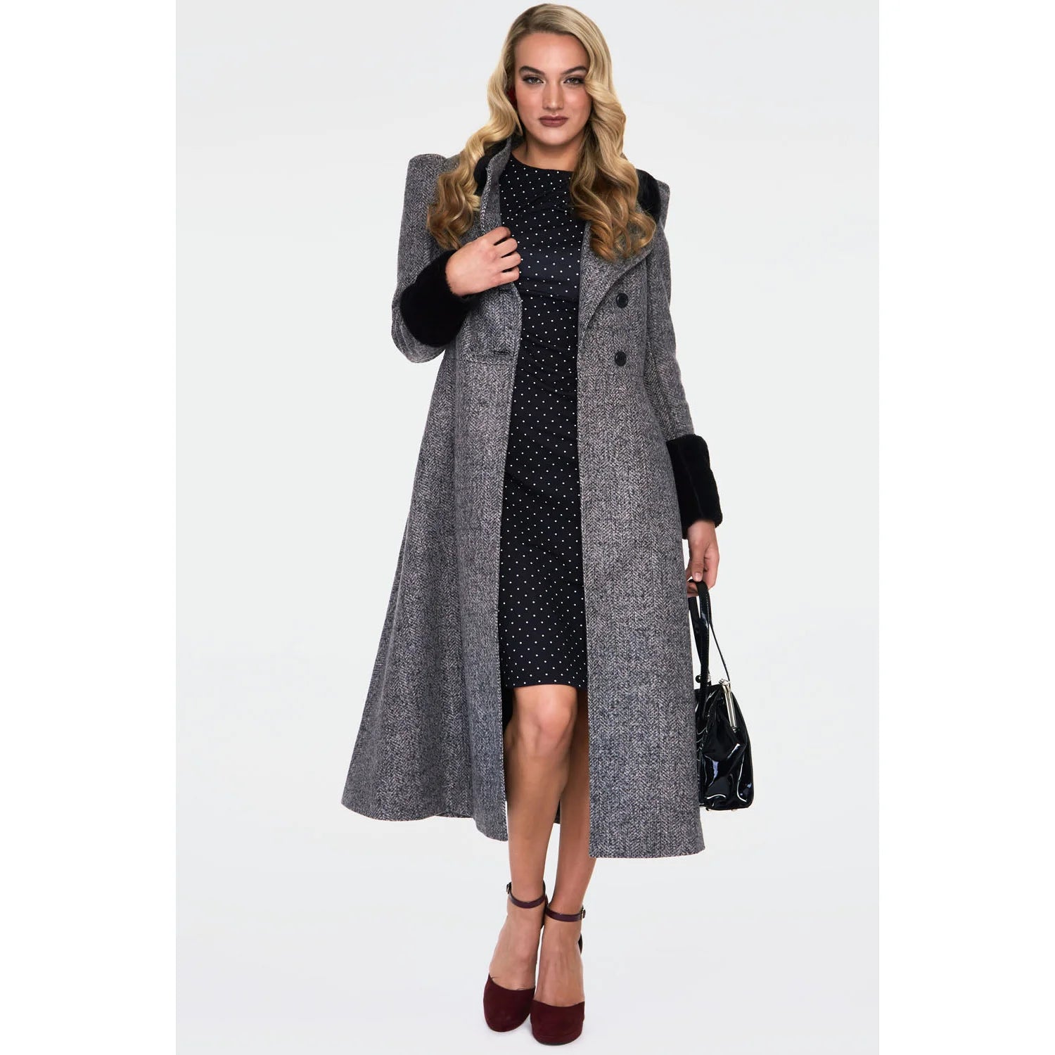 Grey Black Herringbone Check Print Winter Coat With Faux Fur Trim