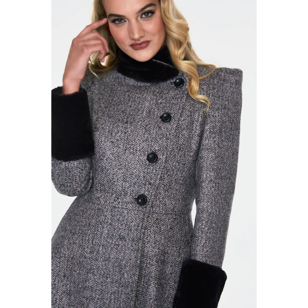 Grey Black Herringbone Check Print Winter Coat With Faux Fur Trim