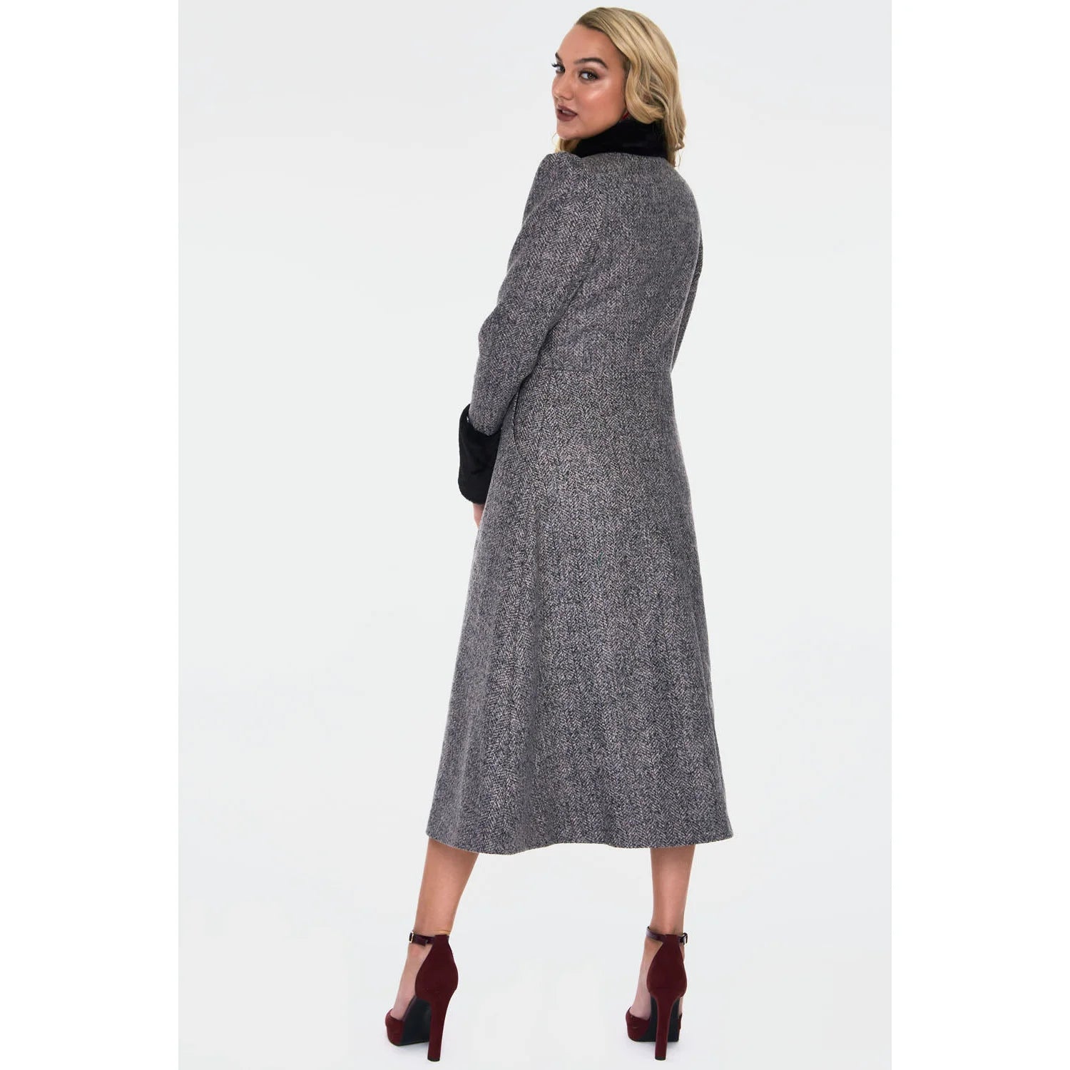 Grey Black Herringbone Check Print Winter Coat With Faux Fur Trim